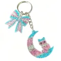 Glitter cat crescent moon and bow acrylic keychain detail shot, shimmering bag charm accessory. - Quicksand Bowknot with Moon Cat Style (4)