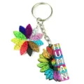 Detailed view of colorful glitter flower and sunflower keychain with sparkling resin finish. - Rainbow Sunflower with HUMAN Letters Style (3)