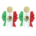 Close-up detail of Mexican flag bow earrings with gold textured studs for world cup fans. - Mexico Flag Bow Style (26032102)