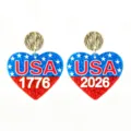 USA Independence Day 250th anniversary heart earrings detail shot, red blue glitter design. - 1776-2026 Heart Commemorative Style (4)