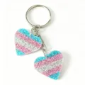 Glitter heart keychain detail, sparkling double heart pendant with metal ring, cute accessory. - Blue Pink White Glitter Stripes Double Heart Style (8)