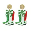 Close-up of glittery cowboy boot earrings with bow detail, festive green and red finish. - Festive Cowboy Boot Style (26032102)
