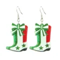 Glittering Christmas cowboy boot earrings with green bow and star details for women. - Vintage Sequin Cowboy Boot Style (26032102)