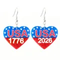 Closeup detail of USA 1776-2026 patriotic heart dangle earrings with sparkly red blue resin. - Ear Hook Heart Commemorative Style (11)