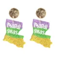 Gedetailleerde close-up van glitterende Mardi Gras oorbellen met paarse groene glitters. - Kaart Stijl (3)