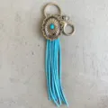 Vintage western style keychain with turquoise stone and blue suede fringe for bags. - Sky Blue