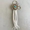 Vintage Western style concho keychain with turquoise stone and long white leather fringe. - White