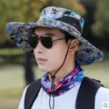Men camouflage outdoor fisherman hat with wide brim, breathable mesh and windproof chin strap. - M (56-58cm) / A5113