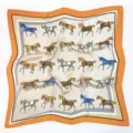 Elegant square silk scarf with classic orange border and vintage horse print for women. - Orange Colorful Horse