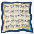 Elegant retro horse print square silk scarf, fashionable women's neckerchief accessory. - Navy Colorful Horse