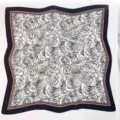 Elegant black and white rose print square silk scarf with chic dark blue striped border. - Black New Camellia