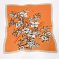 Elegant orange square silk scarf with vintage floral print and contrast border for women. - Orange Background Floral