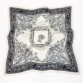 Vintage black and white floral square silk scarf for women, elegant retro neckerchief. - Black and White Ink Floral