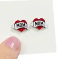 Shiny red glitter heart MOM stud earrings delicate jewelry gift for mother day celebration. - MOM Heart Ribbon Style