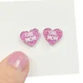 Pink glitter heart stud earrings for mother, cute resin earrings with letter print. - GIRL MOM Style