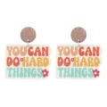 Detailed view of wooden motivational earrings with printed quotes for graduation and school themes. - Square Tag Floral Style (YOU CAN DO HARD THINGS)