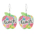 Hölzerne Apfel-Ohrringe mit buntem Blumenmuster und Teach-Text für das Lehrer-Geschenk. - Apfelförmig Blumen-Stil (teach)