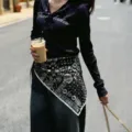 Retro black long sleeve top with paisley bandana waist accessory for women fashion street. - Black Paisley Triangular Scarves