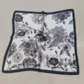 Black and white floral print square scarf, elegant versatile women neckerchief 70cm. - Black Peony Small Silk Square Scarf