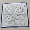 Lotus print square silk scarf, elegant blue border design, versatile fashion accessory. - Small Silk Square Scarf with Blue Border and Lotus