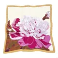 Elegant floral silk square scarf for women, featuring a stunning pink peony and retro gold border. - Large Flower Khaki