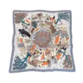 Vintage patterned silk square scarf with elegant retro artistic design and chic border. - Grey Animal Forest