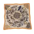 Vintage silk square scarf with elegant animal jungle print, chic fashion accessory for women. - Khaki Animal Forest