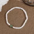 Natural freshwater pearl bracelet with green jade bead, elastic beaded jewelry for women daily commute. - B5088 Nephrite Jade