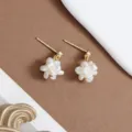 Baroque freshwater pearl flower ball stud earrings detail view, elegant minimalist jewelry design. - E2792 Earrings / Gold