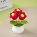 Handcrafted crochet potted flower handmade knitted red floral desktop ornament home decor - Red