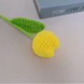 Handcrafted crochet wool tulip flower main view, vibrant yellow bloom with green stem and leaf for decor. - Light Yellow