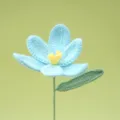 Handcrafted crochet blue flower detail view, knitted wool yarn floral stem with green leaf. - Blue