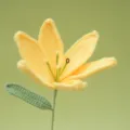 Detailed close-up view of a handmade crochet yellow lily flower with a green stem and leaf. - Yellow
