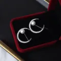 Süßwasserperle Strass Mond Brosche elegante Anti-Blenden Nadel Damen Bekleidung Zubehör - X1036 Mondform Stil / Silber