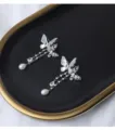 Silver butterfly brooch, featuring shiny zircon, mother of pearl and fresh water pearl drop design. - X1037 Bowknot Shell Tassel Style / Silver