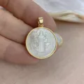 Round Natural White Mother of Pearl Pendant Gold Plated Saint Benedict Charm DIY Necklace. - St. Benedict Medal Style (n-46) / 22mm / Gold
