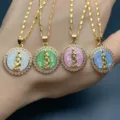 Gold-plated Virgin Mary pendant necklace set with colorful mosaic shell and pink zircon. - Pendant Only (No Chain) / White