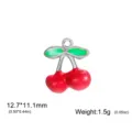 Stainless Steel Cherry Pendant Red Green Enamel DIY Jewelry Making Accessory 12.7x11.1mm - Merged Fruit (Two Leaves; Large) / Steel