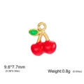 Gold stainless steel cherry charm pendant red green enamel DIY jewelry making component. - Merged Fruit (One Leaf) / Gold
