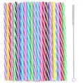Reusable plastic straight straws with cleaning brush, 19.5cm colorful striped PP straws. - 19.5cm Single / Colorful