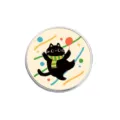 Cute black cat brooch detail showing vibrant cartoon design with colorful balloon and metallic rim. - Round Shape (YP6312)