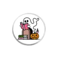 Cute reading ghost brooch Halloween pumpkin badge detail view, perfect denim bag accessory pin. - YP01 (Round Style)