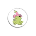 Detailed close-up of the cute cartoon frog metal brooch showcasing its vivid enamel flower hat design. - Round Style (YP5181)