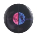 Round metal tinplate badge pin featuring a dual-color moon design and quote text. - Black Base Pink Blue Moon English Phrases Printed Style (MXZ462)