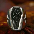Vintage stainless steel coffin skeleton ring for men, gothic punk biker jewelry style. - US Size 7 / Steel