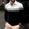 Men's casual long sleeve polo shirt with black and white color block stripe design for spring. - S / White