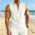 Men sleeveless linen henley shirt with chest pocket summer casual beach top apparel - S / Tops / White