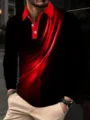 Close-up detail of mens long sleeve polo shirt with red black abstract graphic print. - Red