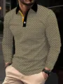 Men's long sleeve polo shirt with geometric print, stylish lapel collar casual top. - S / Khaki