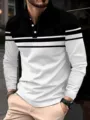 Mens long sleeve polo shirt casual black white striped top for spring autumn season - S / Black